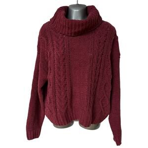 Billabong Sweater Burgundy On A Roll Cable Knit Chunky Crop Women's Size Large